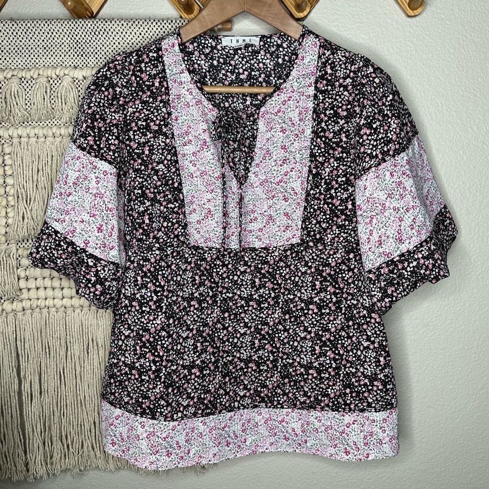 THML Floral Keyhole Peasant Top